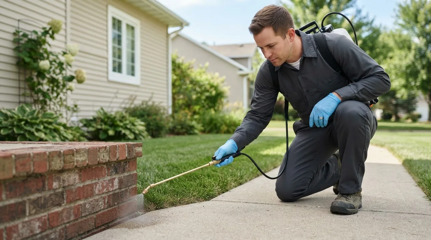 Pest control technician treating a home near Belcamp, MD